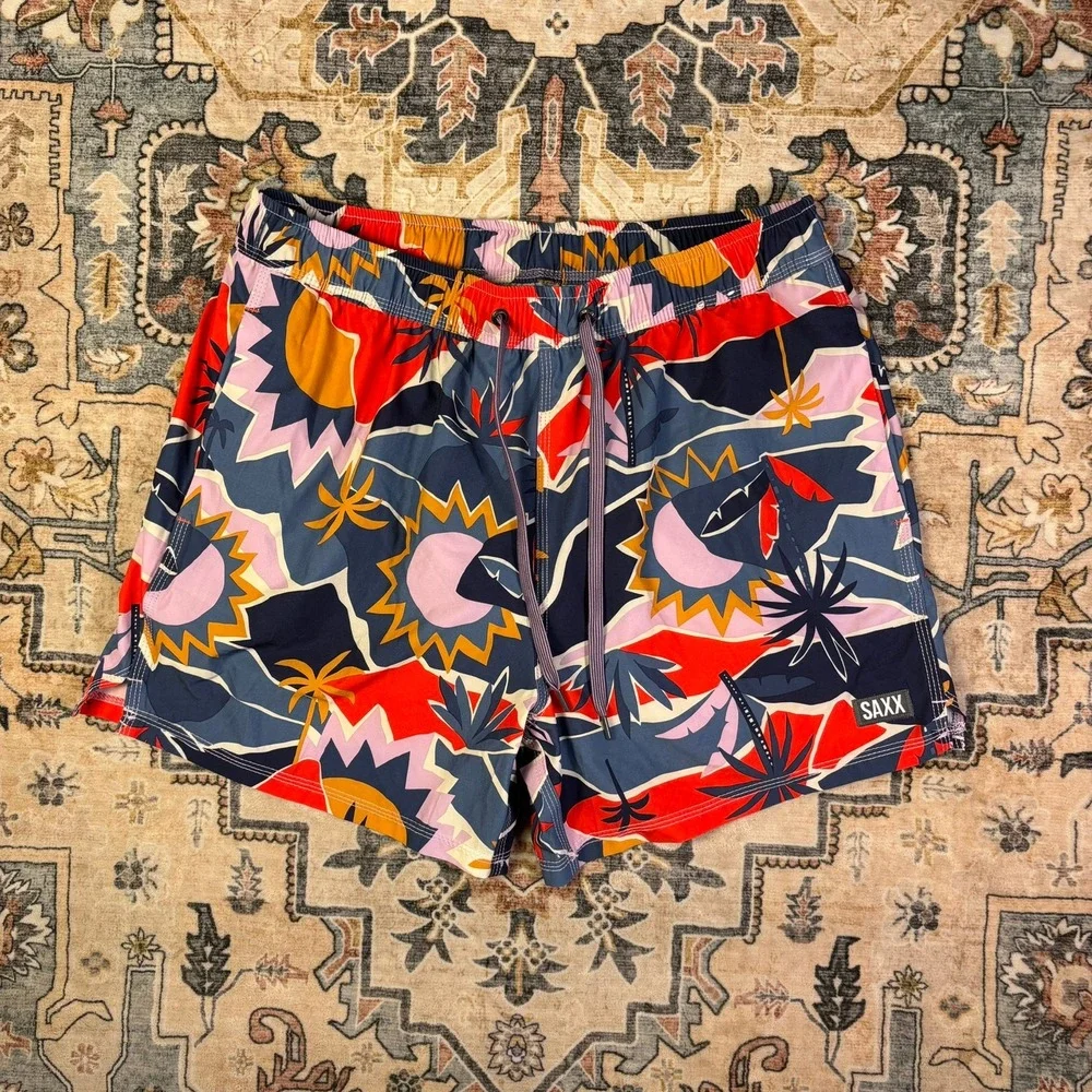 SAXX Oh Buoy 2N1 Swim Shorts Men Large Tropical Sun Palm DropTemp BallPark Pouch